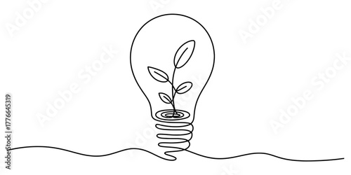 Continuous line art drawing of a light bulb with a green plant sprout growing inside, symbolizing sustainable innovation, eco-friendly ideas, and environmental development.