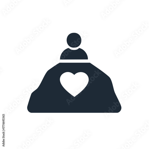 Single person icon with heart symbol on abstract shape representing support or care