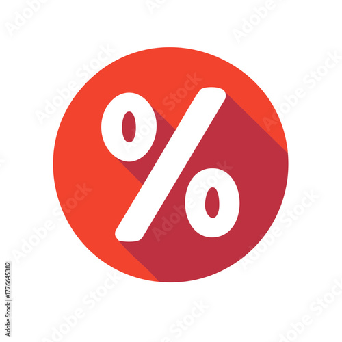 A bright red circle icon with a white percent sign inside and a long shadow