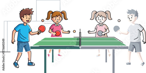 Cartoon children playing table tennis doubles game in gym setting with paddles, green table, teamwork, sports activity, and recreation illustration