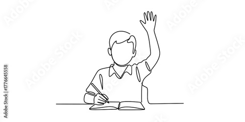Continuous line drawing of a person sitting at a desk, writing in a book, and raising a hand, symbolizing active participation, engagement, learning, and interaction in school.