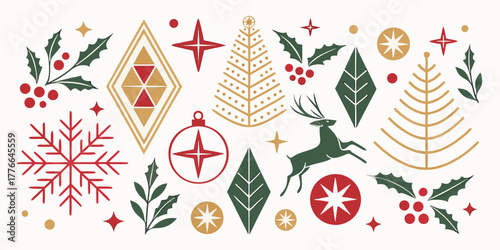 Various christmas themed elements including trees deer snowflakes and ornaments arranged together nicely