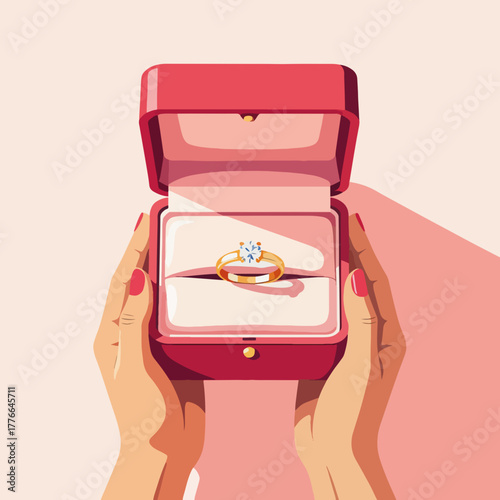Engagement ring in a gift box held by female hands. A marriage proposal for Valentine's Day or an anniversary. Modern flat graphic design