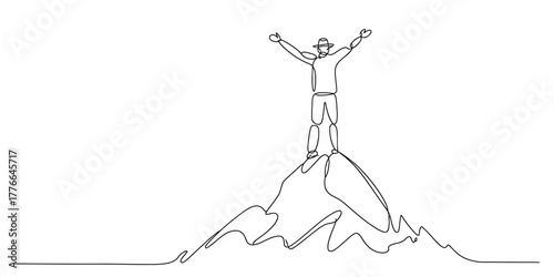Continuous line drawing of a person in a hat on a mountain peak with arms raised in triumph, symbolizing success, achievement, freedom, and overcoming challenges.