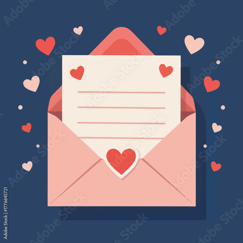 Open envelope with a love letter and floating hearts. Romantic message for Valentine's Day. Flat design graphic element