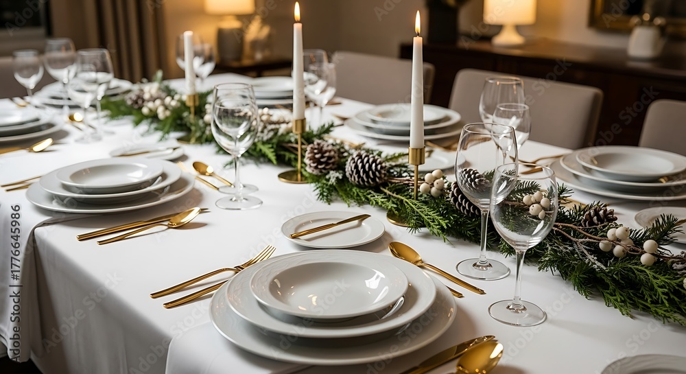 Fototapeta premium Elegantly Set Dining Table for Christmas Dinner with Candles and Pine Cones Keywords: Christmas, dining table, table setting, elegant, formal