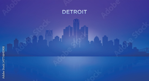 Detroit neon skyline silhouette with futuristic city view