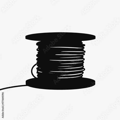 Cable spool silhouette icon. Industrial wire reel symbol for electricity and telecommunications. Minimalist graphic isolated on white background