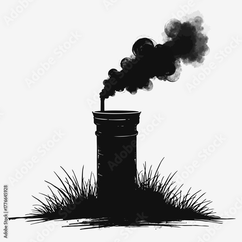 Industrial chimney with smoke silhouette icon. Air pollution and carbon emission concept. Black and white sketch graphic
