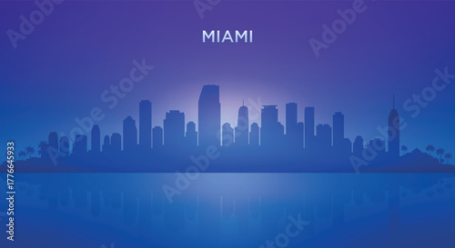 Miami neon skyline silhouette with futuristic city view