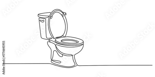 Continuous one line drawing of a modern toilet with the lid open, a sleek minimalist illustration representing bathroom hygiene, sanitation, plumbing, and design.
