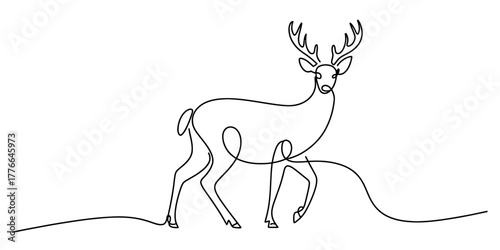 Continuous line drawing of a majestic deer stag with large antlers, symbolizing nature, grace, and minimalist design, ideal for modern branding, elegant logos, or wildlife art projects.