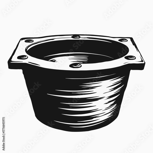 Graphic drawing of a storm drain inlet. Black and white monochrome icon for urban infrastructure. Construction and plumbing system component isolated on a white background