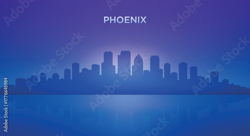 Phoenix neon skyline silhouette with futuristic city view
