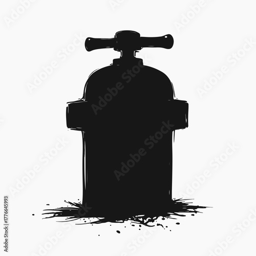 Sketchy fire hydrant silhouette with a grunge ink splatter effect. Urban water supply symbol. Black and white graphic element