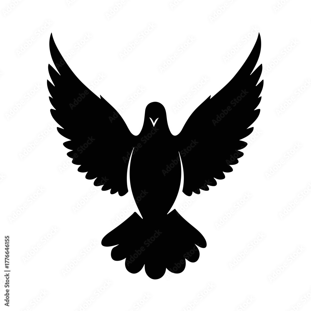 Obraz premium A black silhouette of a flying dove icon. A Christian symbol of the Holy Spirit, peace, and faith. Minimalist religious graphic design element
