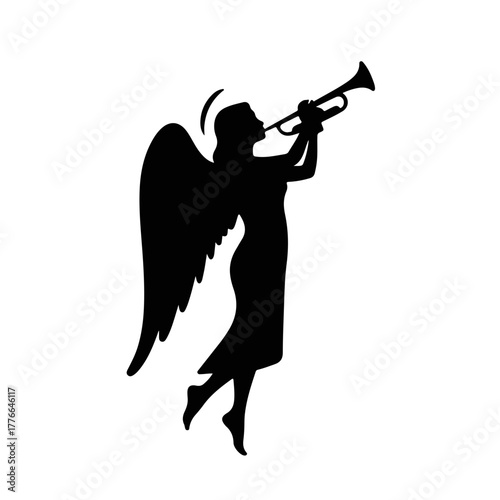 A silhouette of a herald angel blowing a trumpet. Biblical and Christmas religious symbol. Minimalist black graphic icon for church and holiday designs.
