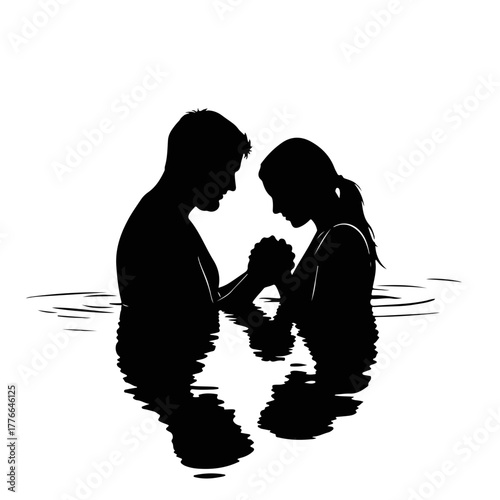 Silhouette of a Christian baptism in water. A man baptizing a woman in a river. Religious graphic symbol of faith and salvation