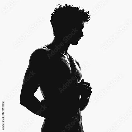 Silhouette of the biblical hero David with a sling. High-contrast black and white graphic. Ancient warrior in profile isolated on a white background