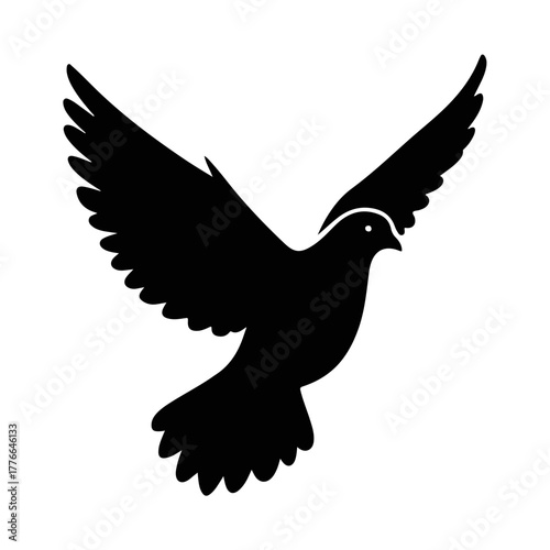 Black silhouette of a flying dove icon. Christian symbol of the Holy Spirit and peace. Minimalist religious graphic element