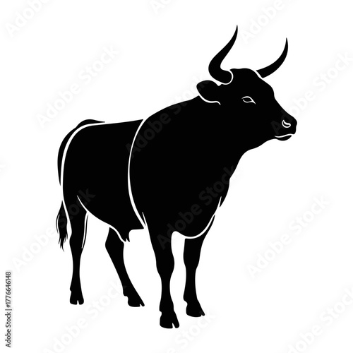 A powerful bull silhouette graphic. Symbol for the biblical Golden Calf, Taurus zodiac, or financial markets. Isolated black stencil design