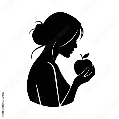 Silhouette of Eve holding the forbidden apple. Minimalist biblical icon representing temptation and knowledge. Simple black and white graphic symbol