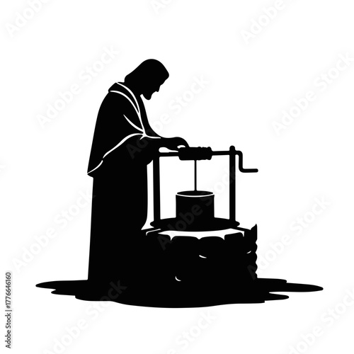 Silhouette of Jesus at the well. Biblical story Christian graphic icon. Minimalist design for faith and religion