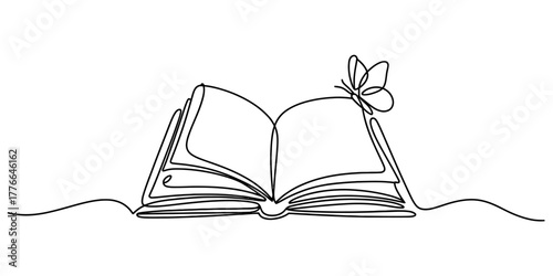 Continuous line drawing of an open book with a butterfly gracefully resting on its pages, symbolizing the beauty of imagination, expanding knowledge, and the enchanting world of literature.