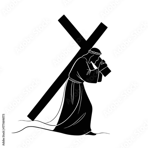 Silhouette of Jesus Christ carrying the cross. Minimalist Christian religious symbol for the Passion of Christ. Graphic for Easter and Good Friday