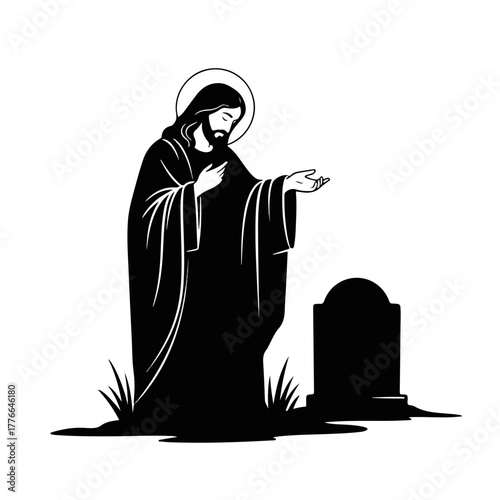 Jesus Christ at a grave silhouette. Christian symbol of resurrection and faith. Minimalist black and white religious graphic