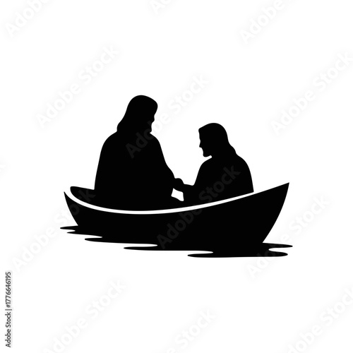 Silhouette icon of Jesus and a disciple in a boat. Biblical story of faith, help, and salvation. Minimalist christian graphic symbol.