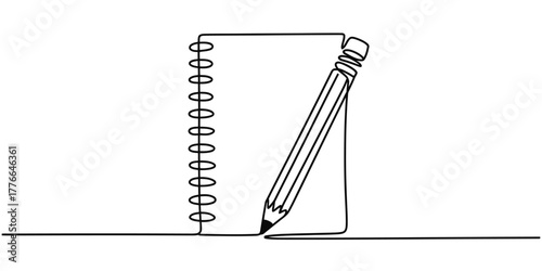 Continuous one line drawing of a spiral notebook and a writing pencil, symbolizing concepts like creativity, education, learning, writing, ideas, planning, and design work.