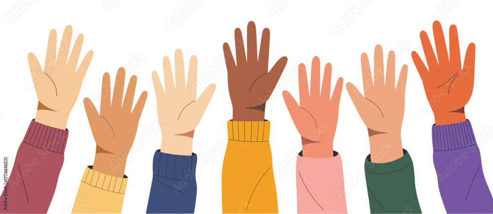 Obraz premium Diverse raised hands vector graphic, showing people volunteering, supporting social causes, promoting unity, equality, teamwork, and community participation