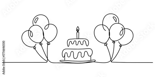 Continuous line drawing of a two-tier birthday cake with a burning candle, flanked by two floating balloon clusters, creating a minimalist celebratory design for special occasions.