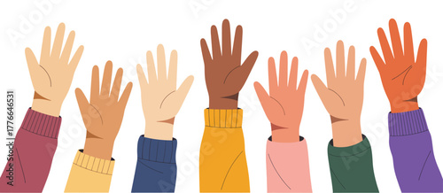 Diverse raised hands vector graphic, showing people volunteering, supporting social causes, promoting unity, equality, teamwork, and community participation