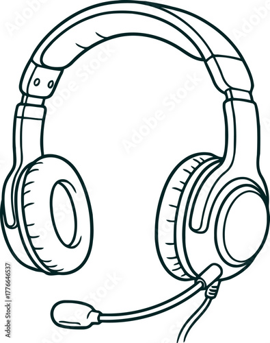 Hand drawn sketch of gaming headphones with microphone on white background