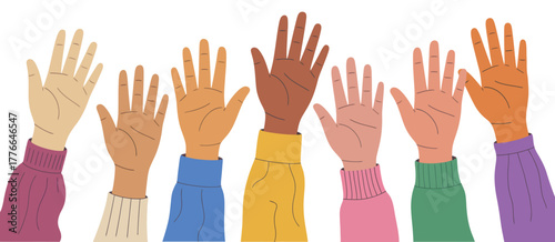 Diverse raised hands vector graphic, showing people volunteering, supporting social causes, promoting unity, equality, teamwork, and community participation