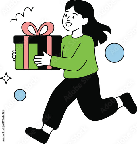 Woman running with a present box tied with a pink ribbon and wearing a green shirt and black pants