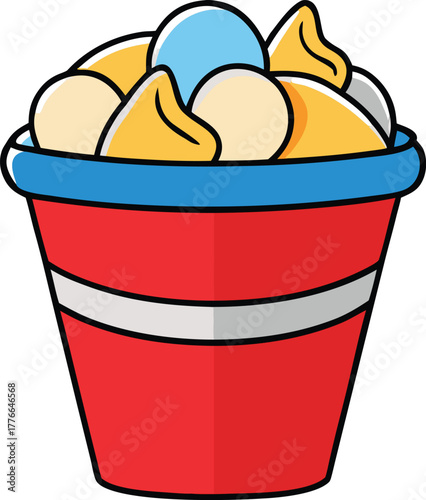 Cartoon bucket filled with seashells front view isolated vector illustration