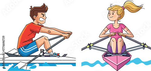 Cartoon rowing illustration featuring male and female athletes in separate boats with oars, colorful water splashes, sports activity, and competition scene