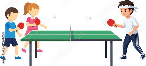 Cartoon table tennis illustration showing three players competing in doubles versus singles match, active gameplay, teamwork, sports recreation, competitive ping pong