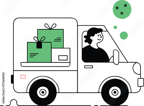 A delivery truck with a driver and green packages with stars above the driver's head illustration