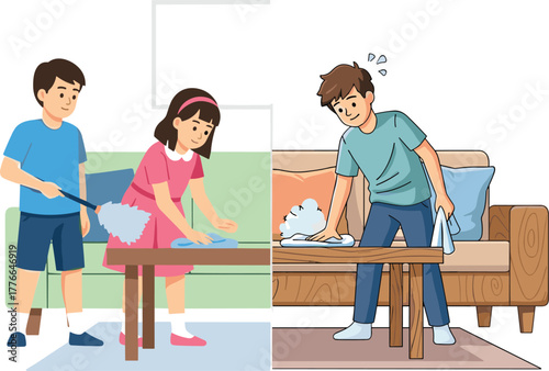 Children and teenager cleaning living room, teamwork versus individual effort, household chores, responsibility, tidiness, family roles, stress, cooperation, domestic tasks, illustration
