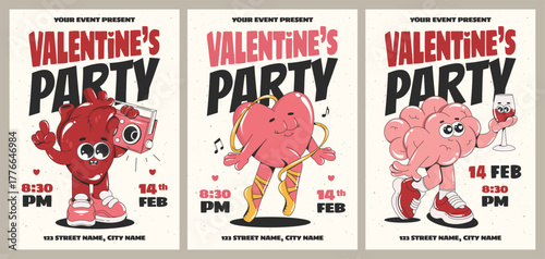 Valentine's Day Party Flyers With Retro Cartoon Characters. Party Invitation Template Design.