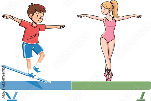 Children balancing on beams vector illustration showing boy in sportswear and girl in ballet leotard practicing coordination, stability, movement, exercise