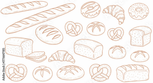 Various baked goods isolated on white background in a sketch style drawing