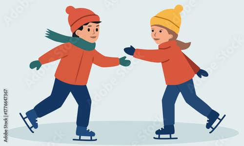 A young man and a girl are skating happily.