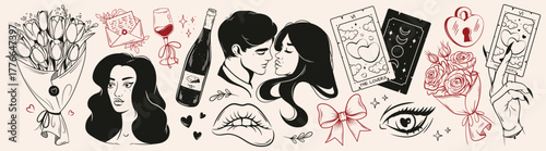 Hand-drawn Valentines Day set. Couple of lovers, bottle of wine, flowers, glass, lips, Tarot cards, bow, love letter. Romantic line art vector collection.