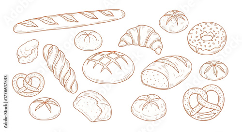 Various baked goods isolated on white background in a sketch style drawing