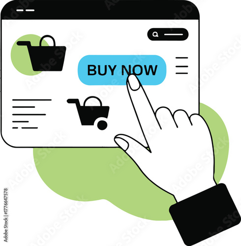 Hand clicking buy now button on online shopping website interface with shopping carts and menu icon